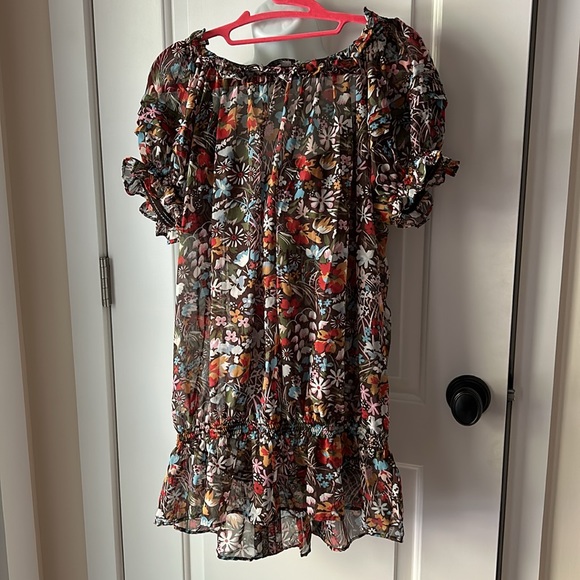 American Rag chiffon floral long tunic ruffled top has a separate long tie - L - Picture 3 of 14